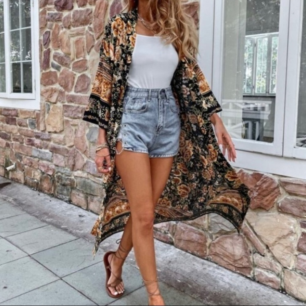 New Boho Country Cottage Kimono Maxi Long Robe Jacket Duster - Picture 2 of 9
